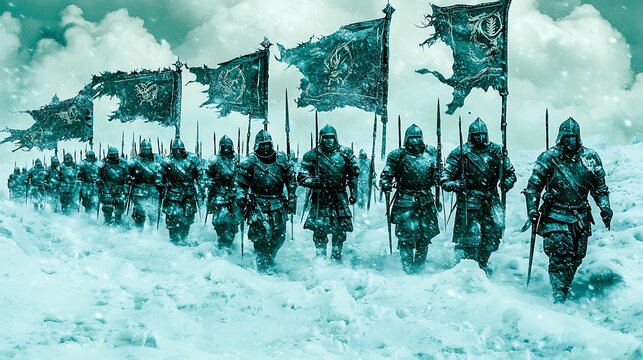 A group of soldiers march through a snowy field