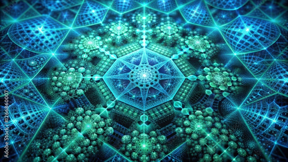 Leinwandbilder Intricate Geometric Pattern with Teal and Blue Hues, Featuring a Central Hexagonal Design and a Complex Network of Interconnected Shapes, Creating a Visually Stunning and Hypnotic Effect