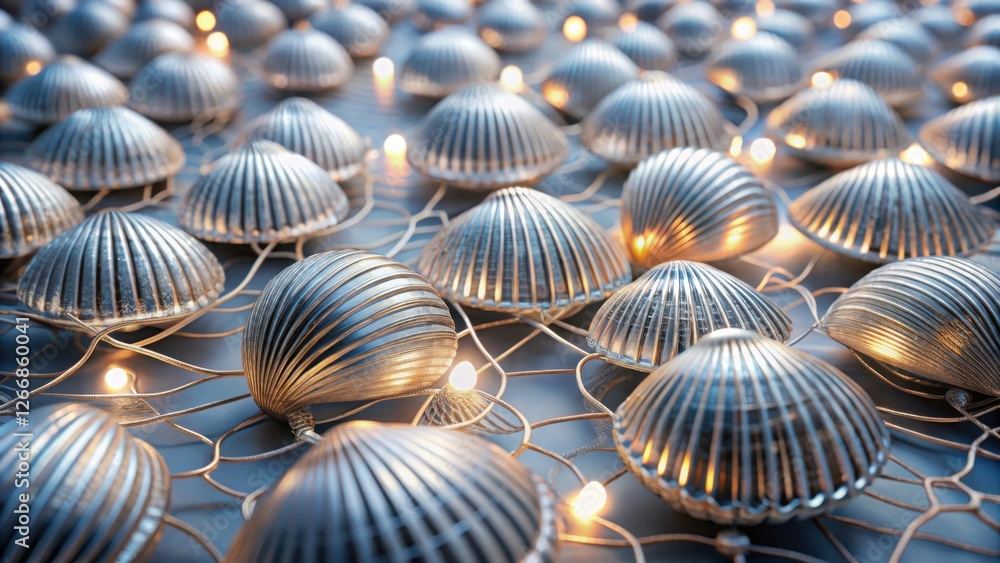 Leinwandbilder illuminated silver seashells arranged in a mesmerizing pattern on a delicate wire mesh
