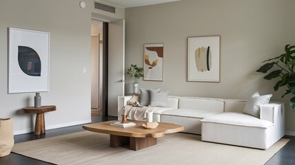 Minimalist Living Room with White Sofa & Wooden Accents