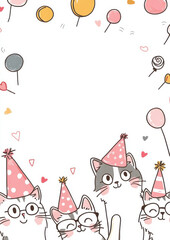 Create a fun and cute birthday invitation with hand-drawn illustrations of five cats wearing festive party hats, glasses, and bows. 