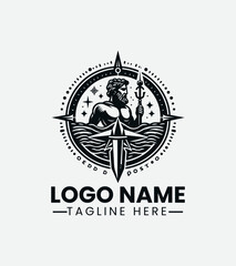 Poseidon and Compass Logo Design, Sea God Navigation Logo, Ocean Compass Logo