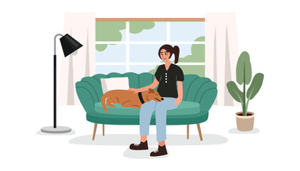 People with sleeping dog illustration. People and dog in the home. Cozy sofa. Woman and dog in the cozy home. Lamp. Sofa. Plant. dog with girl in home illustration.