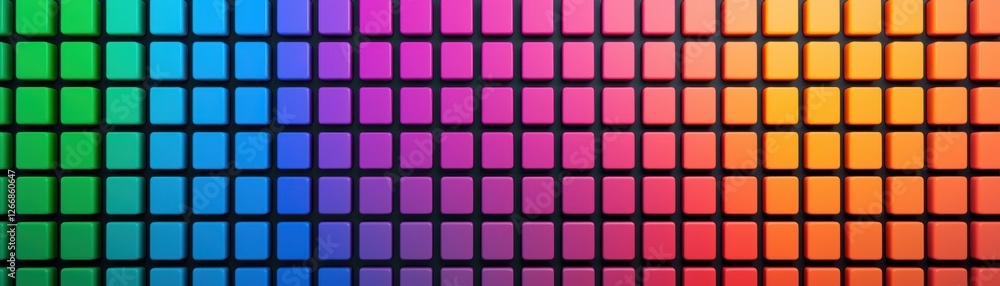 Poster colorful grid of vibrant square tiles transitioning from blue and green to red and orange in gradien
