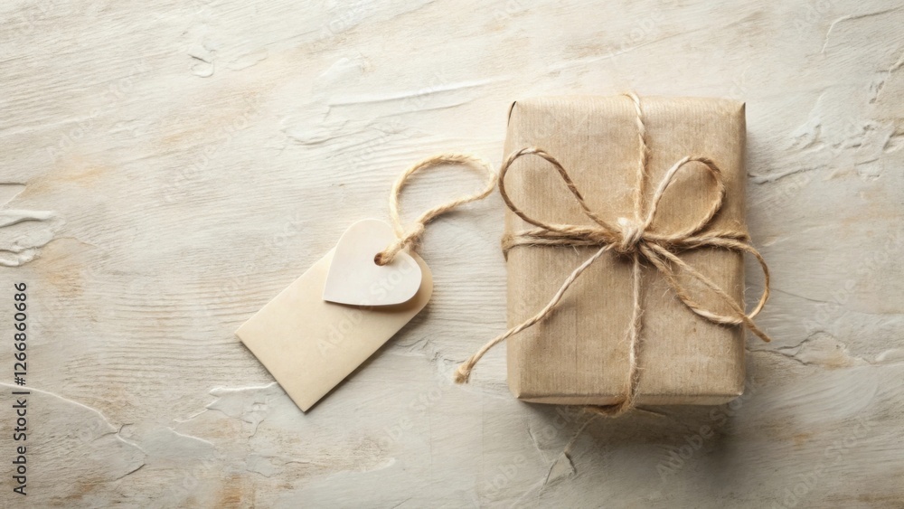 Poster Rustic Gift Presentation A Simple Brown Package Tied with Jute Twine and Adorned with a Heart-Shaped Tag on a Textured Surface