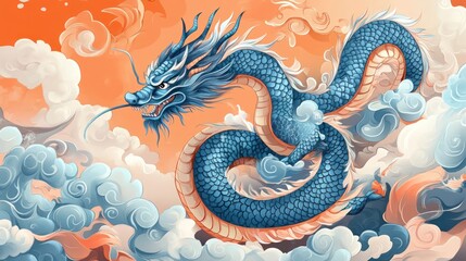 Fototapeta premium Blue dragon soaring clouds, mythical creature, Asian art, fantasy background, digital illustration