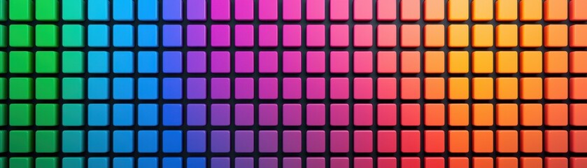 Colorful grid of vibrant square tiles transitioning from blue and green to red and orange in gradient display