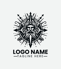 Poseidon and Compass Logo Design, Sea God Navigation Logo, Ocean Compass Logo