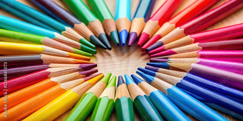 Poster A vibrant array of colored pencils arranged in a captivating circular pattern, showcasing a spectrum of hues and creating a visually striking composition.