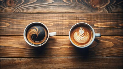 Fototapeta premium Two steaming cups of coffee, one with intricate latte art, the other a dark swirl, rest on a rich, dark wooden surface. A perfect morning pick-me-up.
