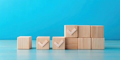 Obraz premium Achieving Milestones A Visual Representation of Progress and Accomplishment Using Wooden Blocks with Check Marks