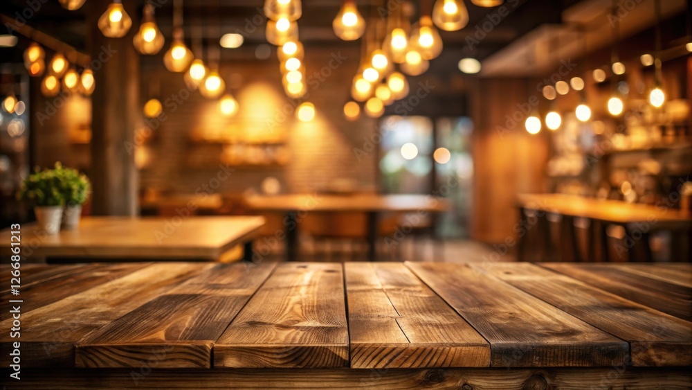 Poster rustic wooden table in a dimly lit establishment with warm lighting and blurred background of cozy i