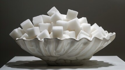 A beautifully crafted white bowl filled with sugar cubes, elegantly displayed on a pedestal against a neutral backdrop