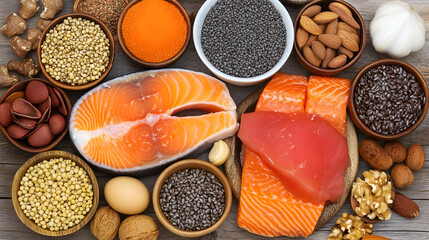 Healthy food ingredients salmon, tuna, nuts