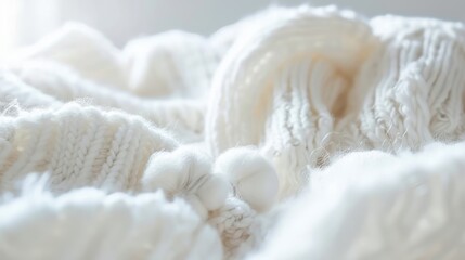 Close-up of a cozy white knitted sweater showcasing intricate patterns and soft textures, ideal for winter fashion