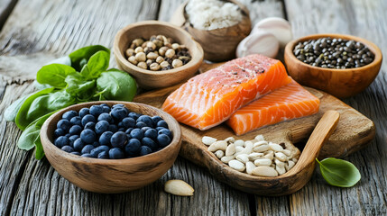 Healthy food, salmon, beans, wood table