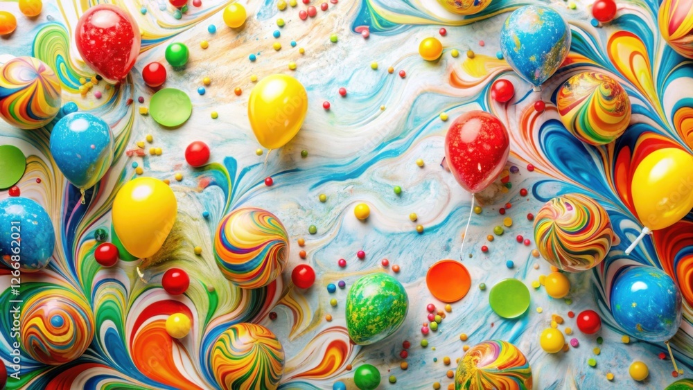 Poster vibrant balloons and confetti on a swirling multicolored background, a festive and joyful compositio