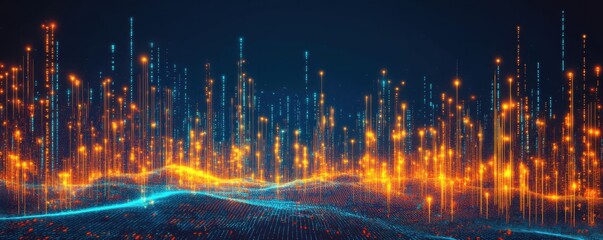 Obraz premium Abstract Digital Landscape: A mesmerizing digital artwork depicting a glowing, futuristic landscape. Vivid orange and blue lights illuminate a dynamic terrain.