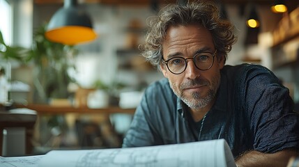 Architect reviewing blueprints in loft office