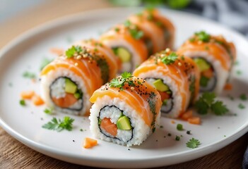 Delightful Sushi Rolls Arranged Beautifully on a White Plate for a Tasty Meal. Generative AI