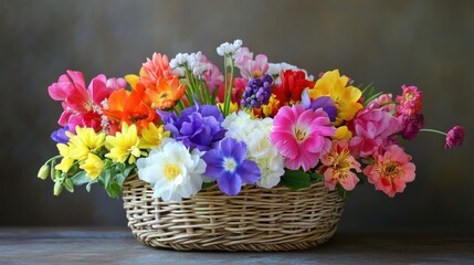 Colorful spring flowers arranged in a woven basket on a rustic surface.