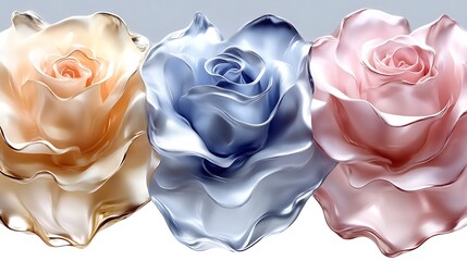 Three Metallic Roses in Pastel Hues Displayed Side by Side