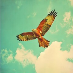 Majestic Brown and White Hawk in Flight Against Teal Sky