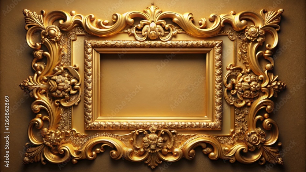 Poster a luxurious gilded frame with intricate rococo ornamentation and a smooth golden surface, ideal for 