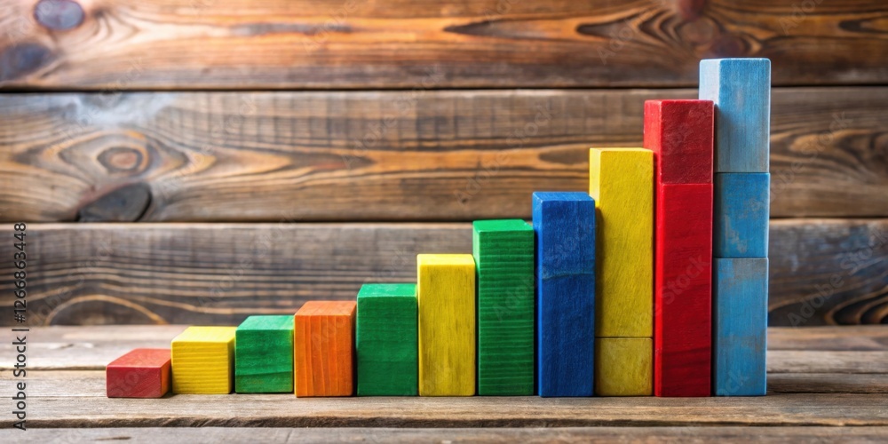 Poster colorful wooden blocks ascending in a stepwise pattern on rustic wooden surface