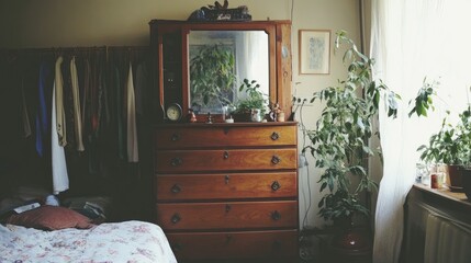 Bedroom with a large wooden dresser and neatly arranged clothes