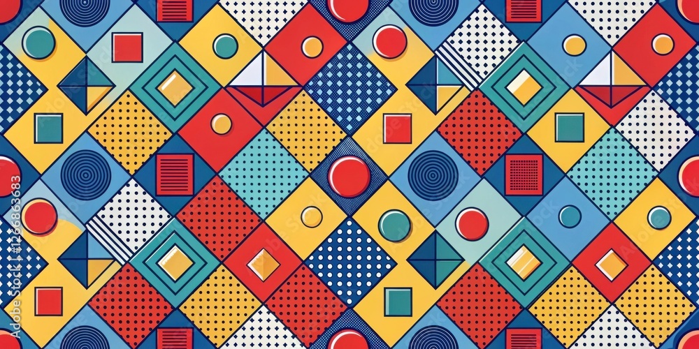 Poster vibrant geometric design featuring interlocking shapes and patterns in a bold color palette