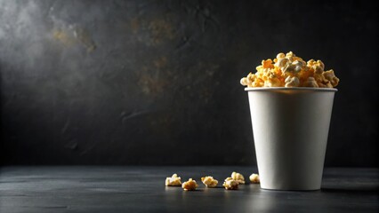 A Delicious Snack of Buttery Popcorn in a Paper Cup on a Dark Surface
