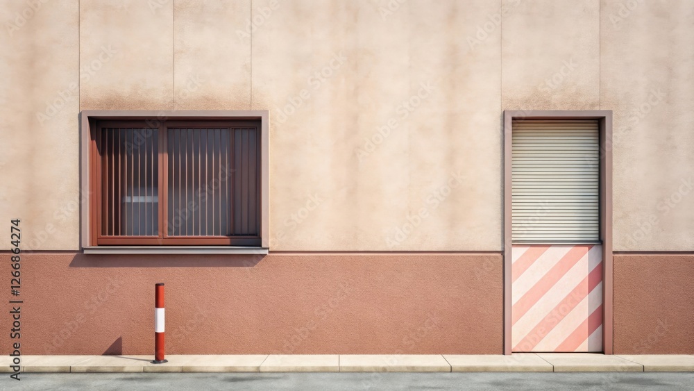 Aufkleber minimalist urban facade with window and roll-up door, featuring a muted color palette and subtle geo