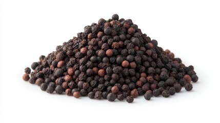 mound of black peppercorns on white background, showcasing their natural texture and rich color