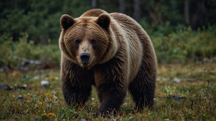 Brown Bear with Fierce Demeanor, Staring Intently against Forest Background

