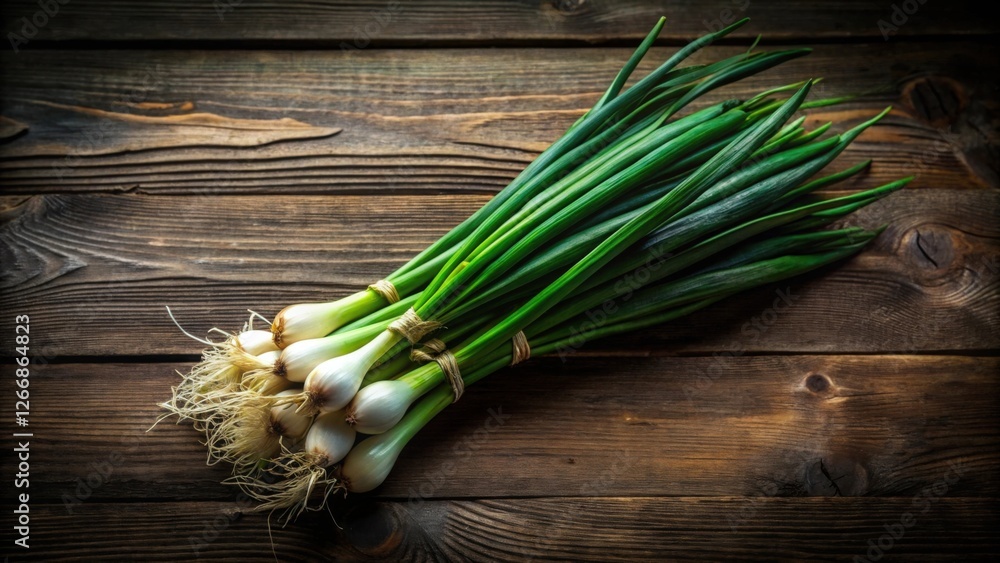Poster a bundle of fresh green onions with roots on rustic wooden surface