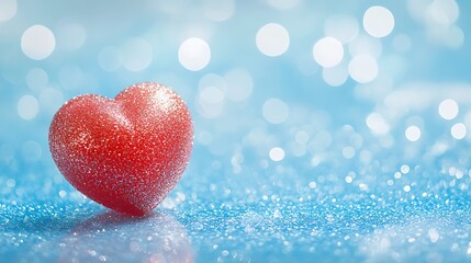 Fototapeta premium A glistening red heart-shaped ornament set against a frosty blue glitter backdrop with glistening accents