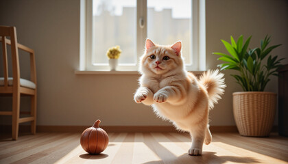 Energetic Ragdoll cat leaping to catch a small ball toy in a cozy home interior
