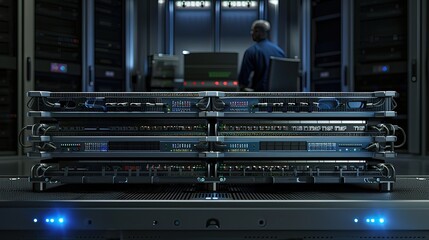 Corporate IT Infrastructure with Server Rack, Network Nodes, and Cybersecurity Visualization