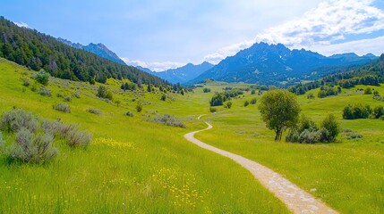 Winding trail through mountain valley meadow