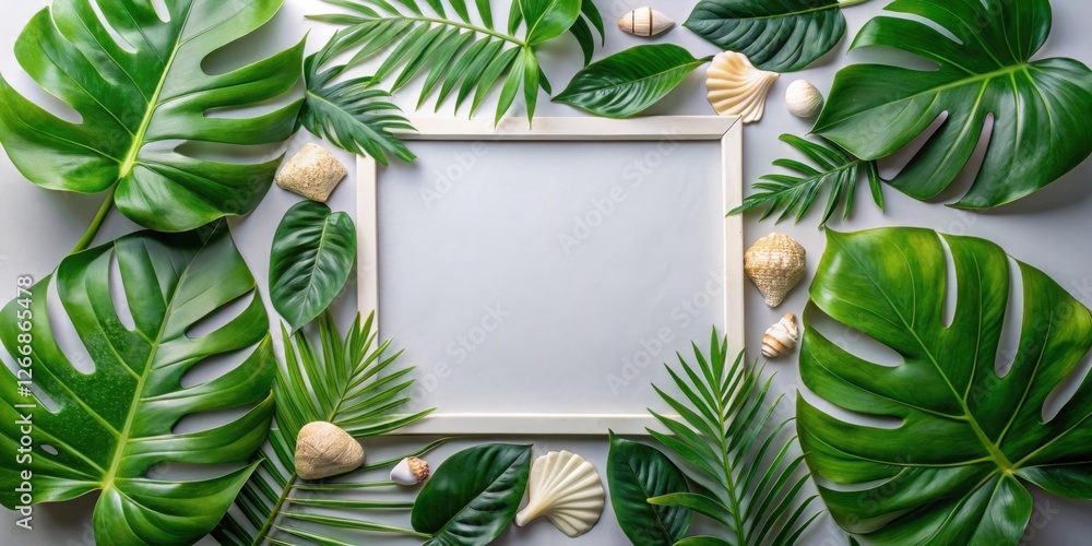 Poster serene tropical frame with lush greenery and ocean shells a summery composition
