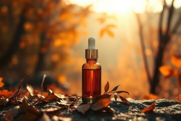 Natural essential oil in golden autumn setting. Skincare product, ideal for cosmetic product mockup