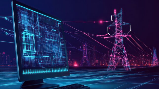 Futuristic computer screen displaying circuit board design overlaid on a city landscape with power lines and transmission towers.