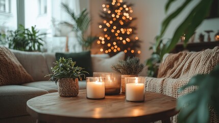 Cozy home decor with candles on table, tree lights glow, for holiday use