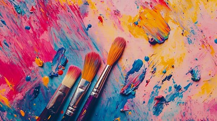 Fototapeta premium Vibrant Abstract Painting with Colorful Brush Strokes and Artistic Paintbrushes