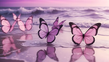 Glittery purple butterflies and ethereal sea waves background. Shimmering reflections and pink pastel aesthetic.