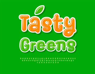 Vector Vegan label Tasty Greens. Creative Glossy Font. Decorative Green Alphabet Letters and Numbers set.