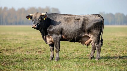 Brown Cow Standing in a Green Meadow Under a Clear Blue Sky, Captured in a Beautiful Farm Landscape Enriched with Natural Grazing Environment and Lush Vegetation