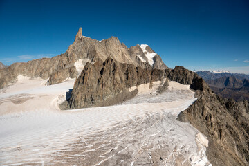 Courtmayeur Italy View from the top of the Skyway Monte Bianco is much more than a cableway to reach 3,466 meters. .  Way to Punta Helbronner  in Aosta Valley region of Italy.