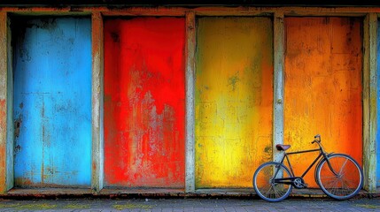 Colorful doors, vintage bike, urban setting, vibrant hues
